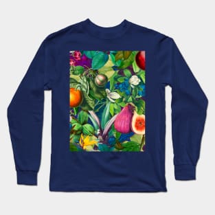 Vibrant tropical floral leaves and fruits floral illustration, botanical pattern, Purple Blue fruit pattern over a Long Sleeve T-Shirt